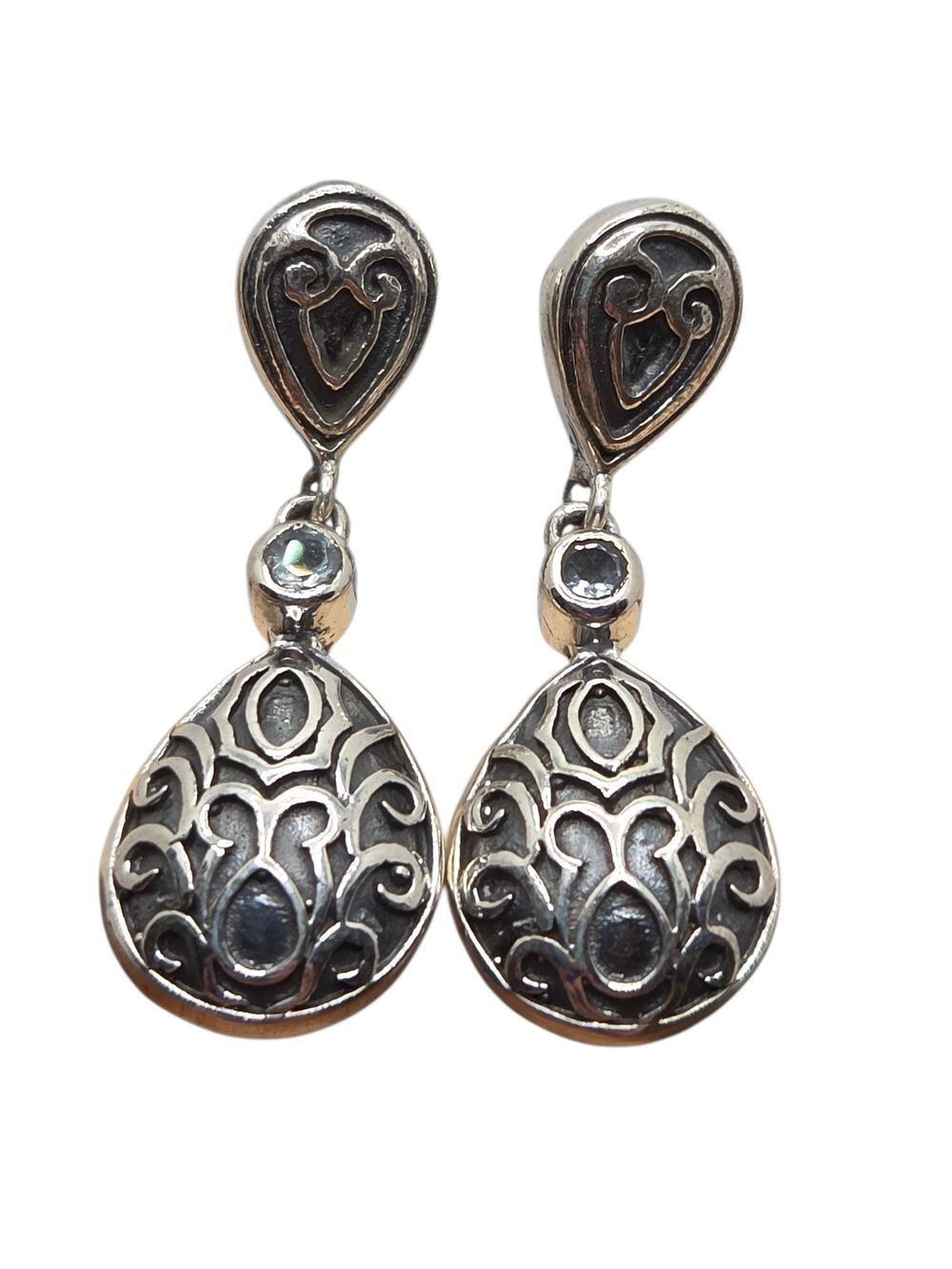 Vintage Sterling Silver Filigree Teardrop Dangle Earrings Blue Stone